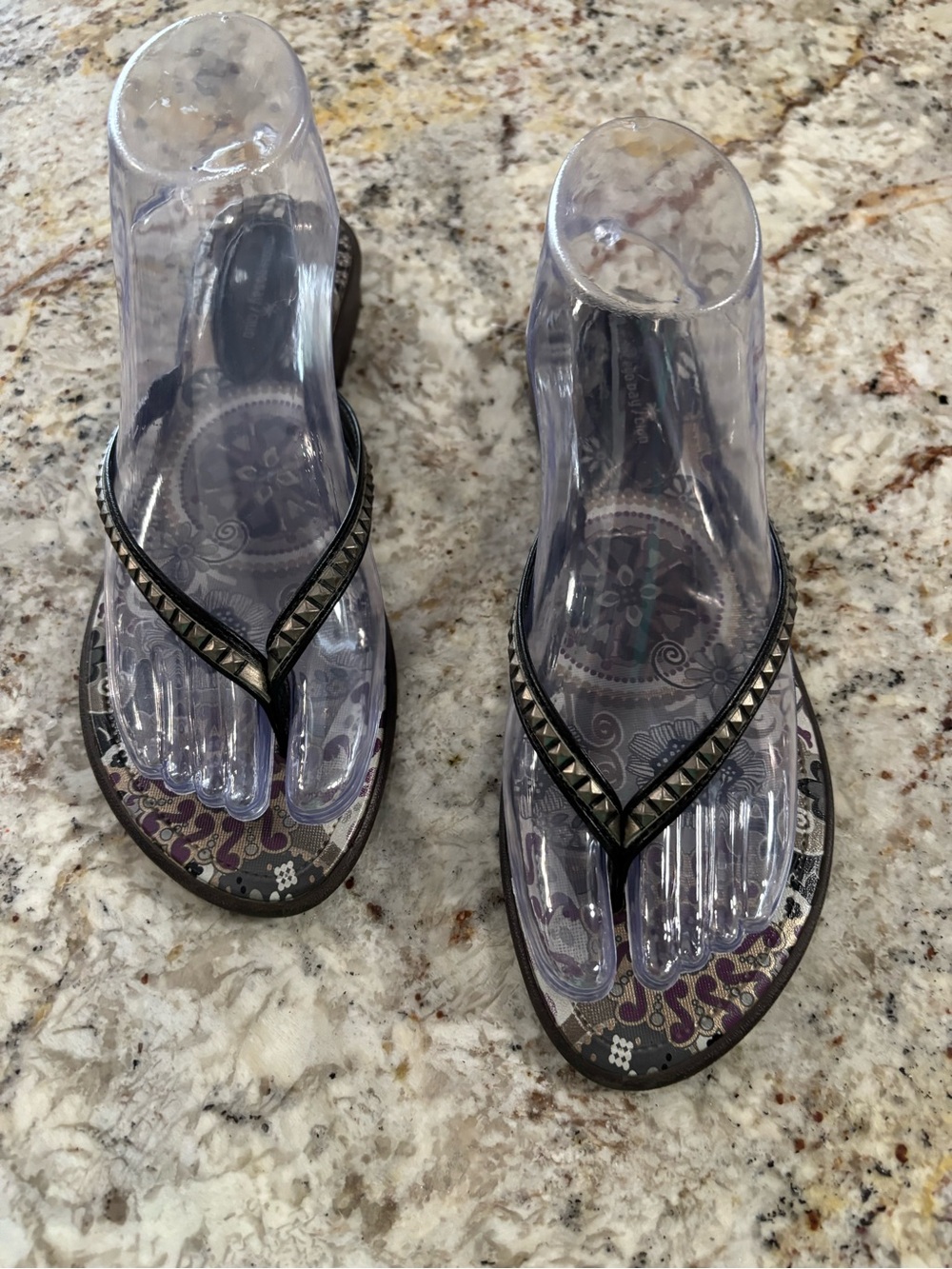 Monterey Bay Black Stud-Trim Purple Patterned Thong Sandals